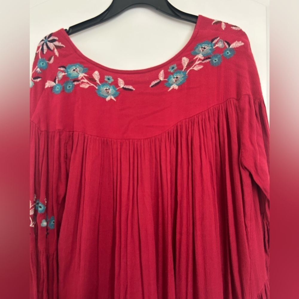 Free People Red Embroidered Te Amo Mini Dress size medium Flare sleeve bohemian - Picture 10 of 14
